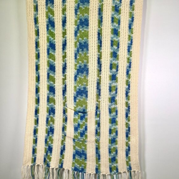 Vintage Crochet Afghan Blanket Striped Blue Green Cream Fringe Pockets Retro MCM - Picture 3 of 5